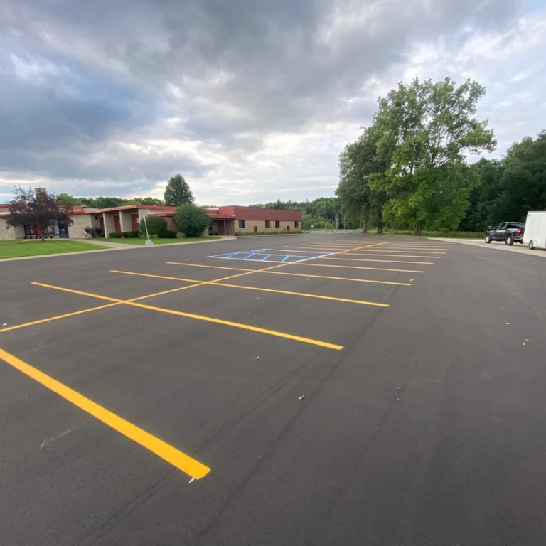 a parking lot with yellow lines