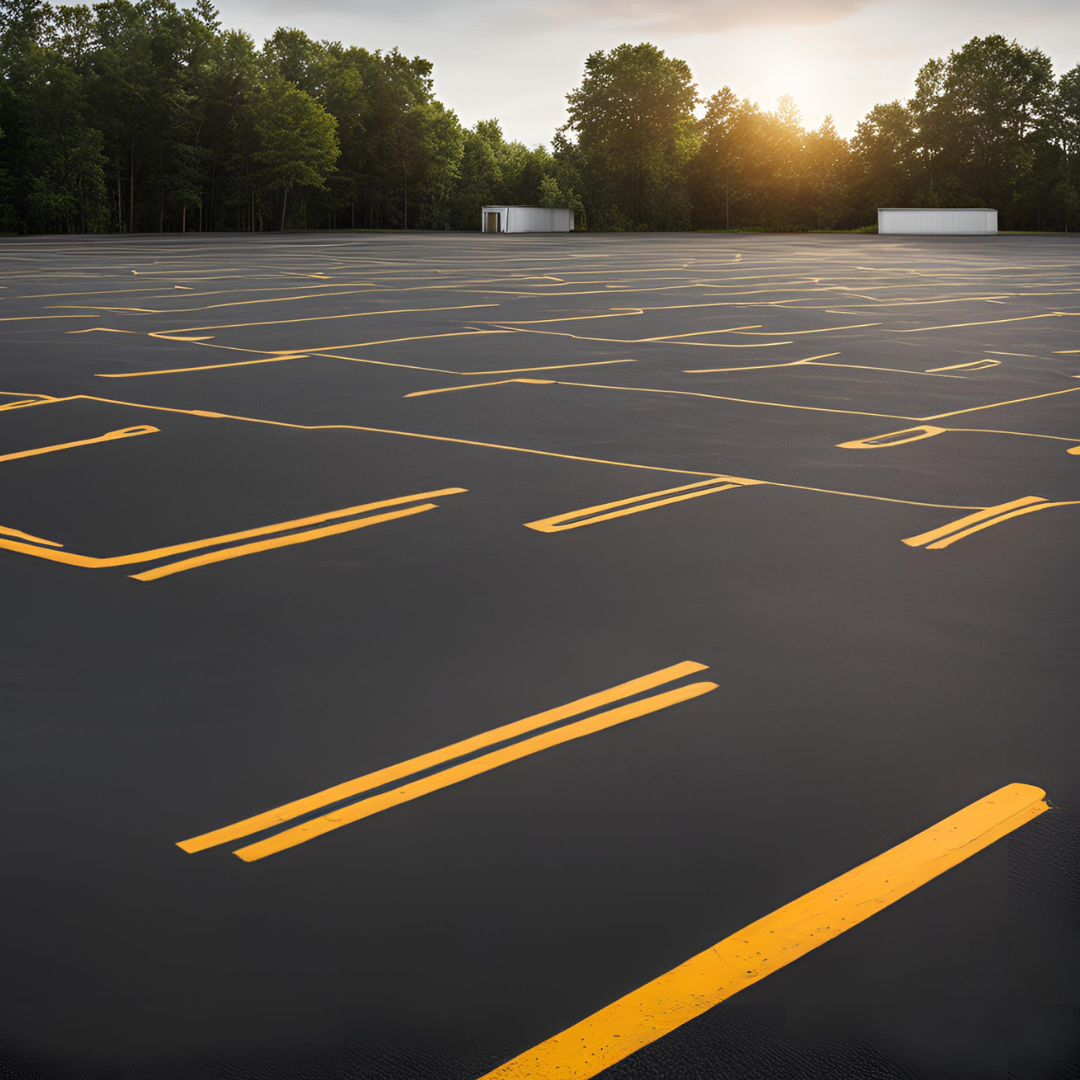 a parking lot with yellow lines