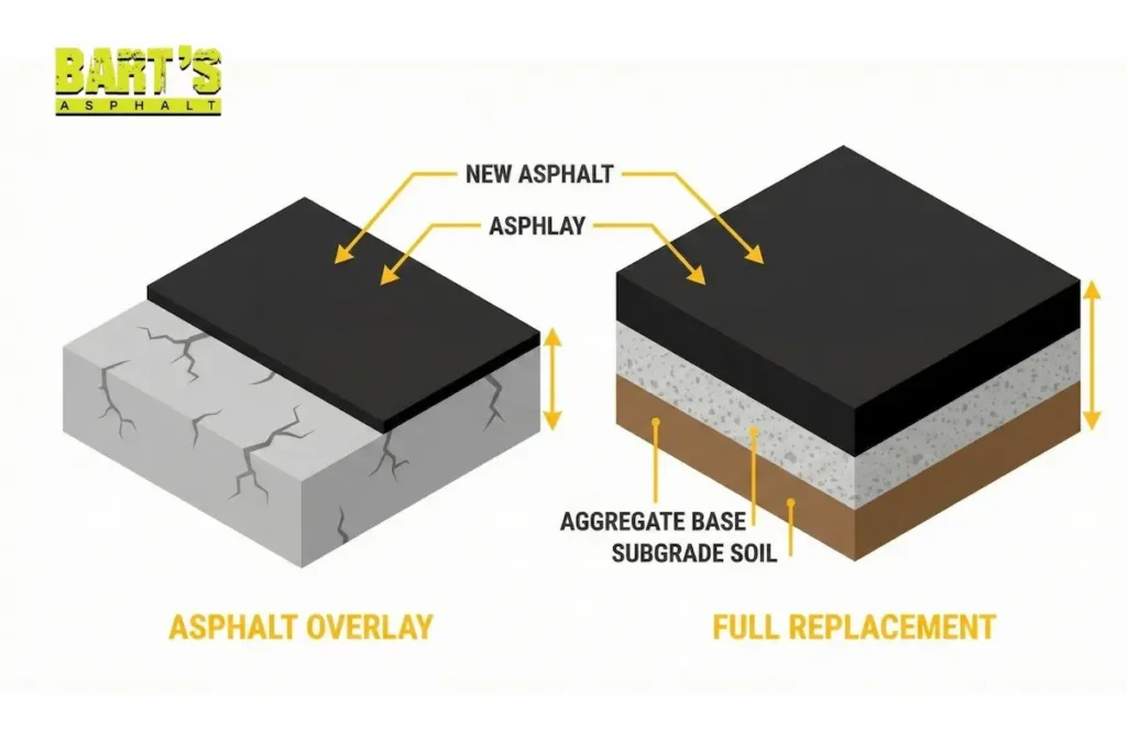 Asphalt Overlay vs. Replacement: Which Is Right for Your Pavement? 1 Asphalt Overlay vs Replacement