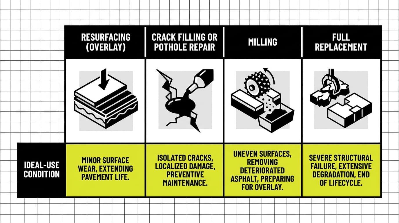 How Much Does Asphalt Resurfacing Cost? A Guide for Commercial Properties 2 Resurfacing vs. Other Asphalt Repair Methods