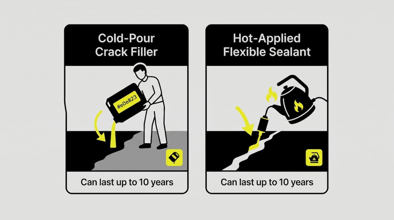Driveway Crack Filling in Michigan: Why Cracks Get Filled Before Sealcoating 4 Two product cards comparing cold-pour filler container and heated kettle applying hot sealant at 350-400°F
