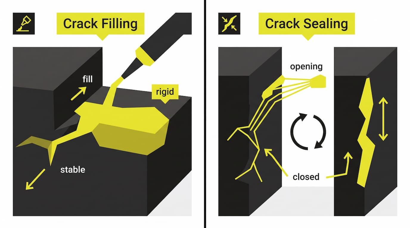 Driveway Crack Filling in Michigan: Why Cracks Get Filled Before Sealcoating 2 Split-screen showing rigid filler in stable crack versus flexible sealant stretching across moving crack
