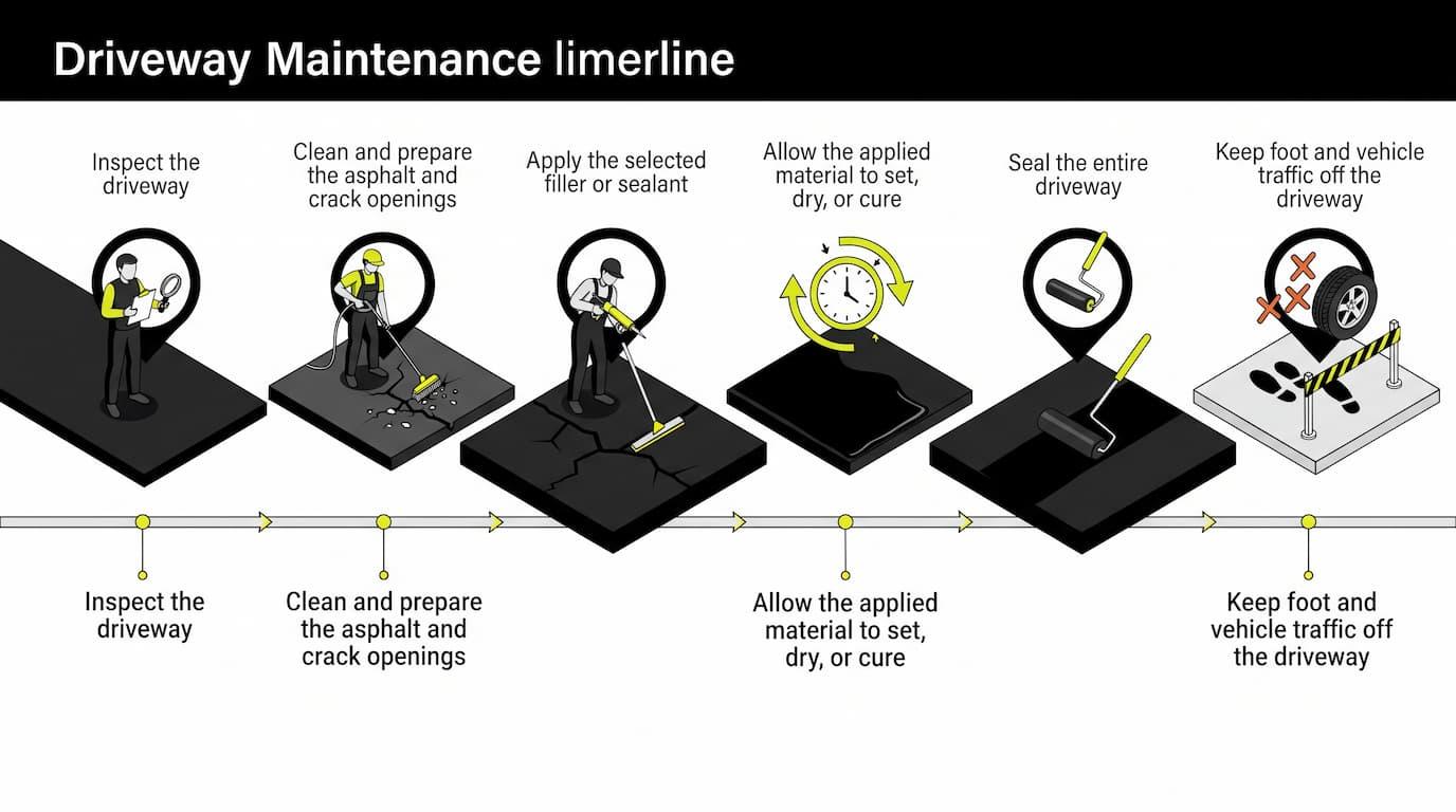 Driveway Crack Filling in Michigan: Why Cracks Get Filled Before Sealcoating 5 Six-stage timeline from crack inspection through cleaning, filling, curing, sealcoating, to traffic restrictions