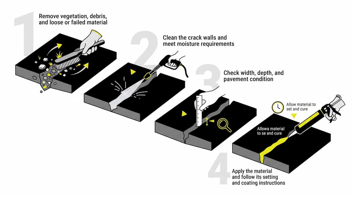 Driveway Crack Filling in Michigan: Why Cracks Get Filled Before Sealcoating 3 Four-step illustrated guide showing debris removal, crack cleaning, width checking, and filler application
