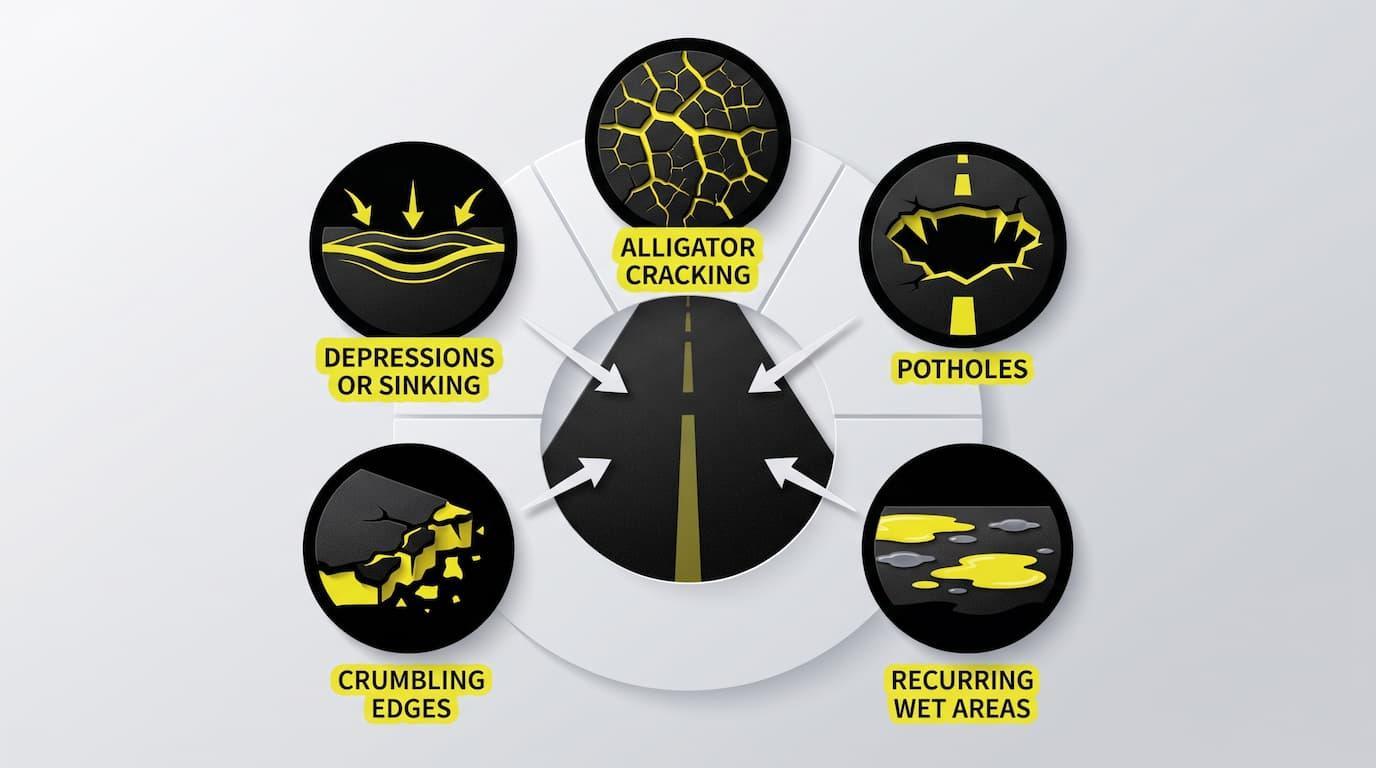 Driveway Crack Filling in Michigan: Why Cracks Get Filled Before Sealcoating 6 Five warning icons showing alligator cracking, potholes, sinking areas, crumbling edges, and standing water